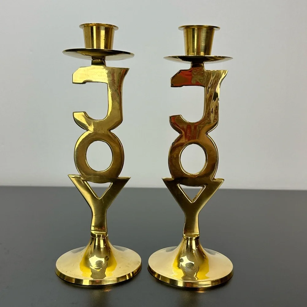 Vtg International Silver Co Solid Brass Joy Candlesticks 90's Christmas Everyday